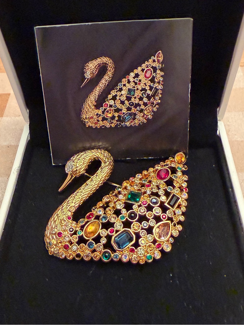 Swarovski Gold Swan Brooch with Multi-Color Crystal Accents